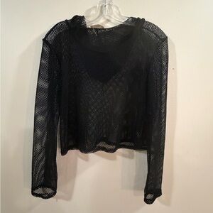 Black Cropped Mesh Long Sleeve Hoodie